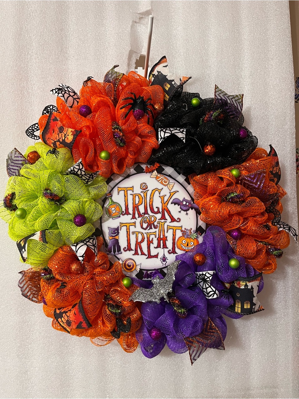 Festive Halloween Trick or Treat Wreath - Orange, Black, Purple, Green